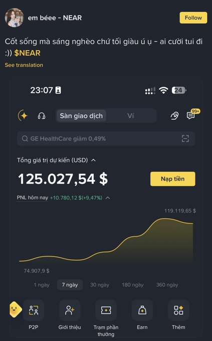 A social media post by 'em bèee - NEAR' showing a Binance trading account screenshot with a total estimated value of $125,027.54 USD.