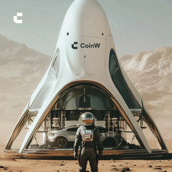 An astronaut stands in front of a futuristic spacecraft branded with the "CoinW" logo, with a sleek car visible inside the open bay, set against a barren, mountainous landscape—symbolizing a "GM" (Good Morning) greeting that conveys a bold, space-age start to the day.