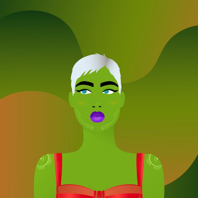 A digital illustration of a woman with green skin, white hair, and purple lips, wearing a red top with white circular patterns on her shoulders, set against a green and brown abstract background.