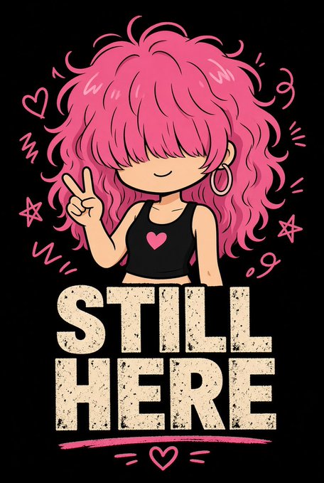 An illustration of a cartoon girl with pink hair making a peace sign above the bold text 'STILL HERE' on a black background with pink accents.
