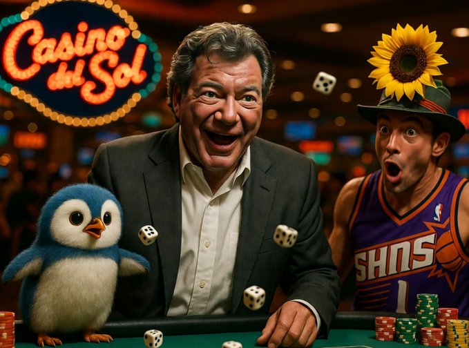 The image depicts a casino scene where a jubilant man in a suit sits at a dice table beside a shocked Suns fan wearing a sunflower hat, while a cartoonish penguin watches — with a neon "Casino del Sol" sign glowing in the background and casino chips scattered around. The caption playfully visualizes the post's mention of skipping an "888 Altar" party and heading to Phoenix's Casino del Sol with "ColdCard money," with the delighted gambler and wide-eyed Suns fan capturing the chaotic, good-luck energy of a spontaneous desert casino run.