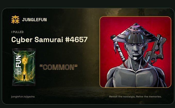 The image shows a "JungleFun" NFT gacha pull titled "Cyber Samurai #4657" marked as "COMMON" rarity, featuring a digital illustration of a futuristic samurai in a conical hat against a red background. This represents the user's first NFT acquisition from the junglefun.io/gacha platform, capturing the excitement of pulling their initial collectible.
