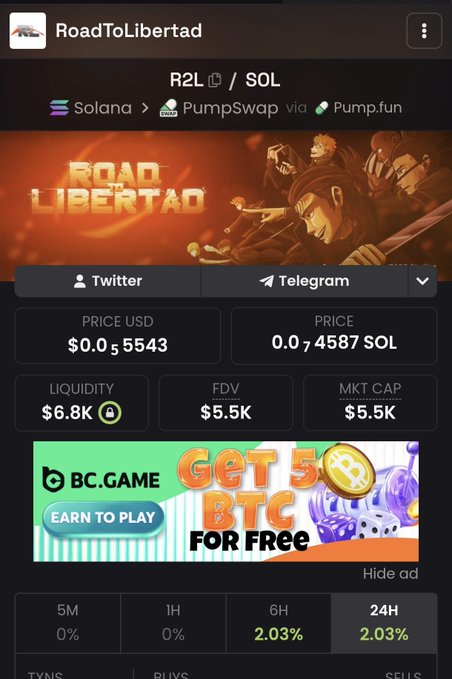 A mobile screenshot of the 'RoadToLibertad' token (R2L/SOL) on PumpSwap via Pump.fun, showing a price of $0.005543, liquidity of $6.8K, and a market cap of $5.5K.