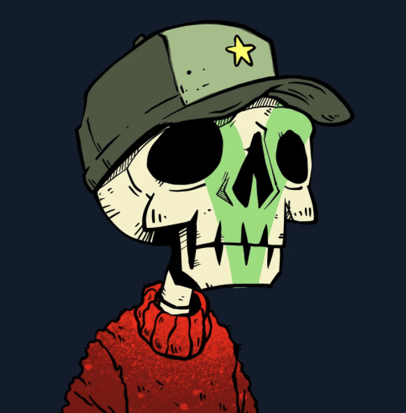 A cartoon skull wearing a green star-adorned cap and red sweater is depicted with a green stripe painted down its face, mirroring the post's theme of gratitude and artistic admiration in the NFT/crypto space (XRPL). The image stylistically represents the edgy, underground art aesthetic associated with the "HOLY BUNS" NFT project being celebrated.