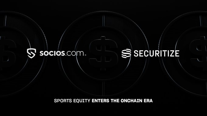 The image features a dark background with stylized dollar signs, displaying the logos and names of "socios.com" and "SECURITIZE" alongside the tagline "SPORTS EQUITY ENTERS THE ONCHAIN ERA," visually representing their new partnership to bring regulated tokenized minority stakes in professional sports teams to investors.