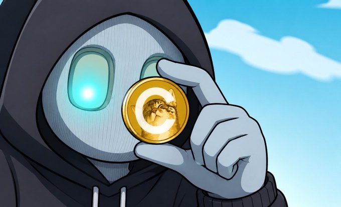 A hooded, robot-like figure with glowing eyes holds up a gold $CATE coin featuring a cat's face, symbolizing a keen-eyed observer (the "I spy" reference) waiting to capitalize on the token's anticipated breakout. The masked character embodies the confident, anonymous crypto insider calling out competitors before a potential green candle surge.