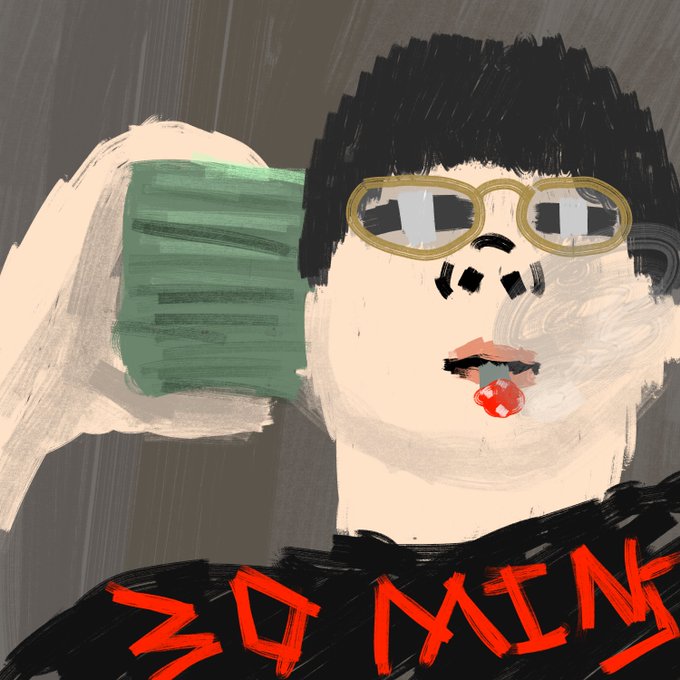 A digital painting of a figure with black hair, gold-rimmed glasses, and a red mushroom-spotted tongue, wearing a black shirt with "30 MIN" written in red across the chest, visually reinforcing the post's urgent countdown message about the upcoming 30-minute window before the mint.