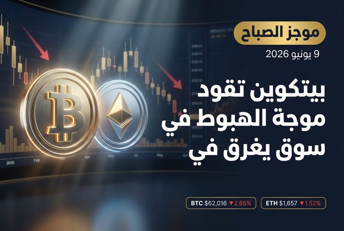 The image features a graphic design with two coins, one gold and one silver, positioned at different angles against a dark background. The text "موجز الصباح الكريبتو" is displayed above the coins, while the phrase "موجز الشديد بالمعلية والتحليل العميق المبنية والتحليل العمية" is written below them. The design seems to be related to the post about Bitcoin and Etherium, as it includes a graphic of the two coins against a dark background.