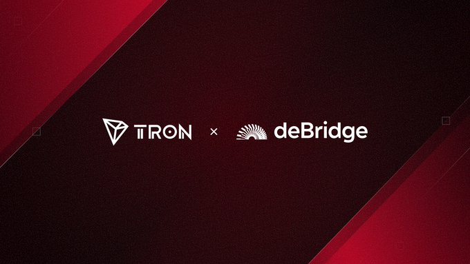 A promotional graphic featuring the TRON and deBridge logos side by side on a dark red background, though the image's content relates to TRON's recent governance upgrade of its Super Representative incentive model, highlighting the network's ongoing commitment to long-term security rather than the deBridge partnership shown.