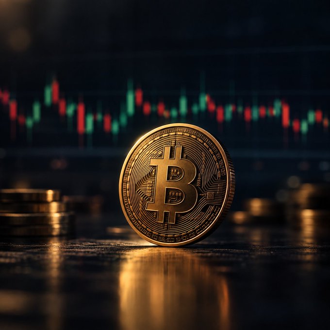 A close-up of a gold Bitcoin coin standing upright on a reflective surface, with stacks of coins nearby and a blurred candlestick chart displaying red and green price movements in the background.