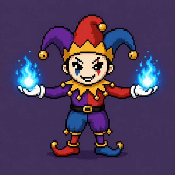 A pixel art jester character in red, blue, and purple attire holds blue flames in each hand against a purple background.
