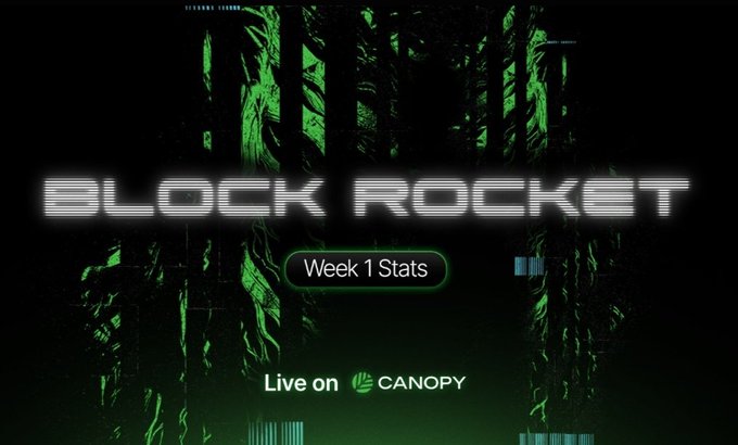 A dark promotional banner for 'BLOCK ROCKET' features a 'Week 1 Stats' button and 'Live on CANOPY' text, with a stylized green forest background.