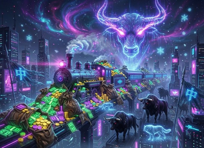 A neon-lit digital bull specter looms over a futuristic cityscape as a steam train loaded with crypto bags and gold coins plunders skyscrapers, flanked by holographic bulls—visualizing the triumphant "bull market" moment congratulating @Regularboy04 and @domvortx on their $ANSEM gains.