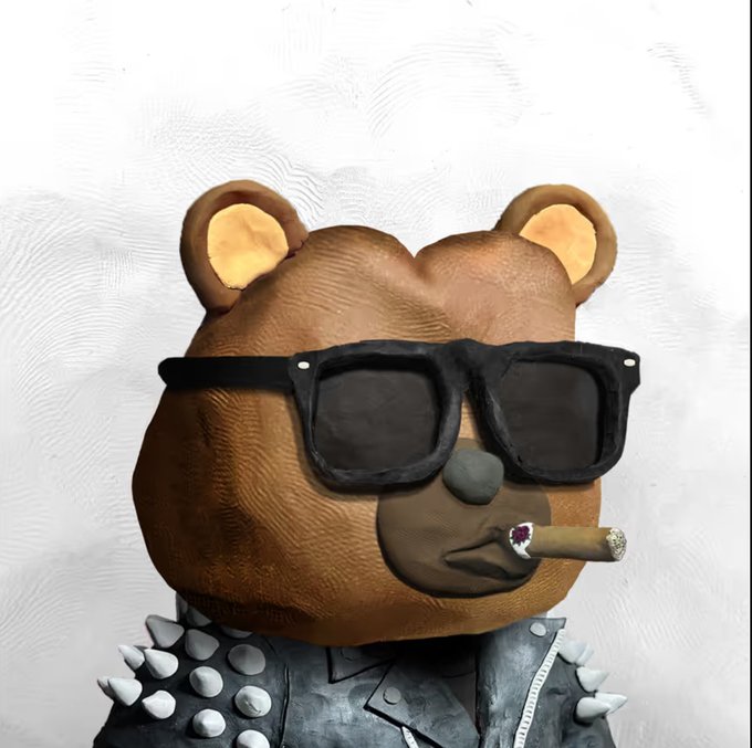 A 3D rendered image of a brown bear character wearing black square sunglasses and a spiked leather jacket, smoking a cigar.