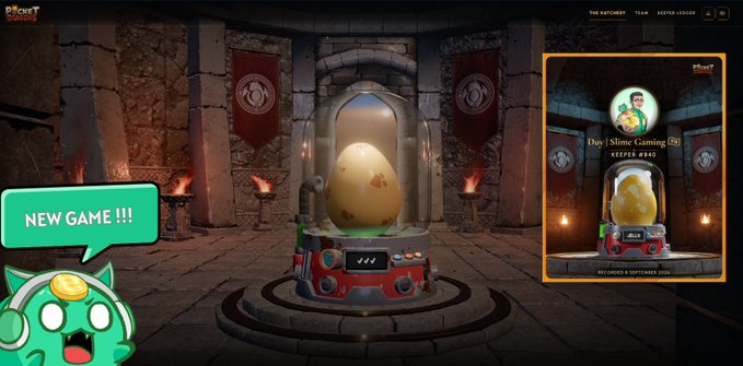 A 'Pocket Dragons' game screenshot showing a yellow egg labeled 'NLN' in a chamber, with a new 'Day | Slime Gaming (25)' keeper card for a green slime egg, and a green mascot exclaiming 'NEW GAME !!!'.
