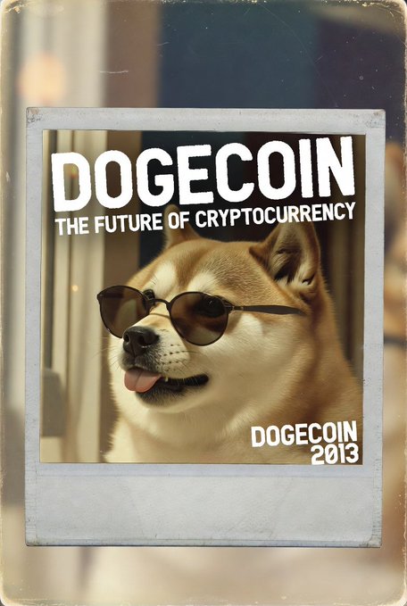 A vintage-style polaroid poster featuring a Shiba Inu dog wearing round sunglasses, with the text 'DOGECOIN THE FUTURE OF CRYPTOCURRENCY' and 'DOGECOIN 2013' at the bottom.