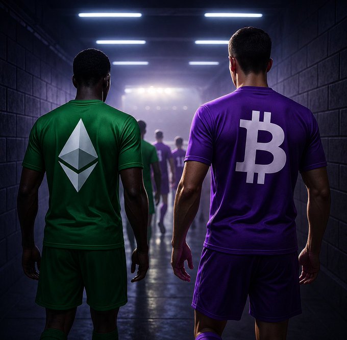 Two soccer players walk down a stadium tunnel, one wearing a green jersey with the Ethereum logo and the other in a purple jersey with the Bitcoin logo, while other players head toward the brightly lit field.