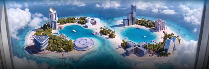A digital artwork depicting a tropical island floating above clouds, featuring turquoise lagoons, palm trees, and futuristic buildings including an 'M' logo structure and a Crypto.com symbol.