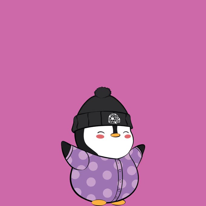 A cute cartoon penguin wearing a black beanie and a purple polka-dot onesie stands against a bright pink background.