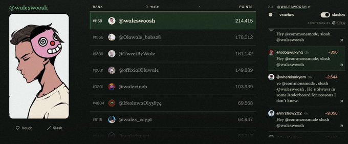 A screenshot of a leaderboard ranking system featuring the name 'wale' at rank #159 with 214,415 points, alongside an illustration of a person with a pink mask and a sidebar of comments.