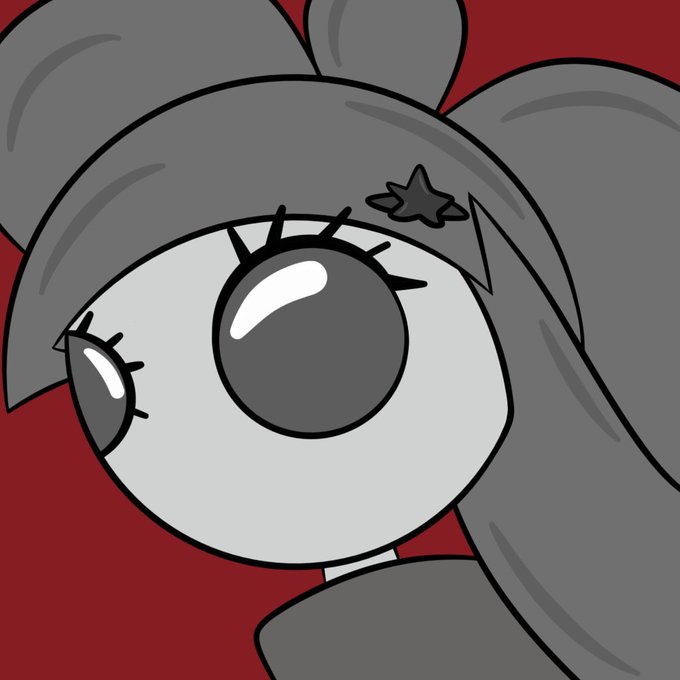 A cartoon-style close-up of a character with large grey eyes, dark grey hair styled in pigtails, and a small star hair accessory against a dark red background.