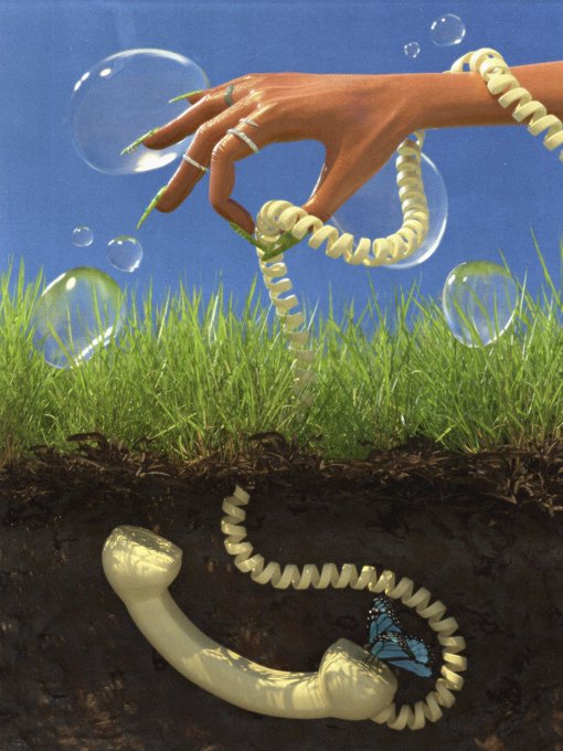 A surreal digital artwork shows a hand with green nails reaching above grass, connected to a vintage telephone handset buried underground near a butterfly.