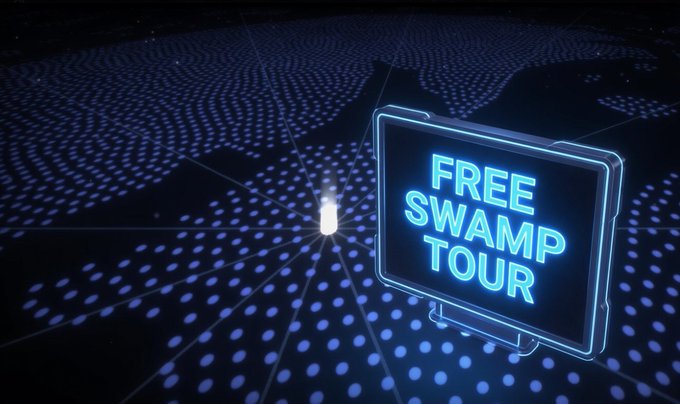 A digital billboard displaying 'FREE SWAMP TOUR' in neon blue text against a dark, dotted map-like background.