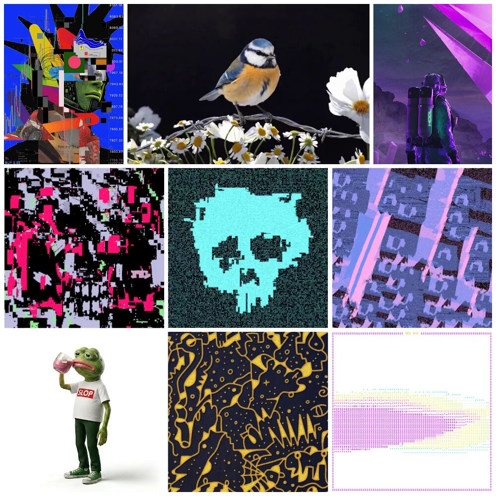 The image features an art collage of 24 different pieces, each with its own unique style and theme. One of the featured images shows a bird perched on top of flowers, while another depicts a skull patterned in blue and black colors. The remaining images showcase various patterns and designs, including one that includes a frog wearing a white shirt. The post also mentions that this collection is part of an art series called "24 HOURS OF ART June 1, 2016", which was created by @XCOPYART to celebrate the end of the month.
