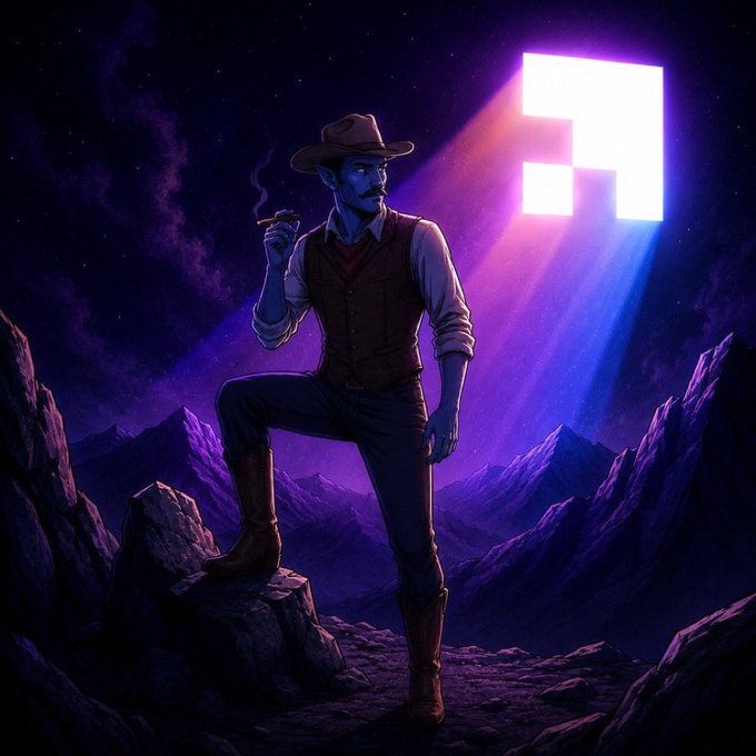 The image features a man dressed as a cowboy standing atop a rock, holding a cigar in his hand while wearing a hat. The background includes mountains under a purple sky with a glowing light at the center of the scene. The caption on the image reads "Co-founder here just want to say I am super hyped for what we have planned for CT Many months of building will be released next Monday/June 22nd".