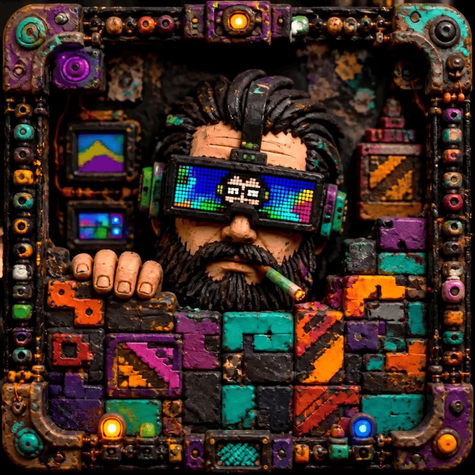 The image features a man wearing glasses with a beard and mustache, sitting inside a colorful box or frame that has been designed as an art piece. The man appears to be wearing a virtual reality headset, which adds an element of futuristic style to his appearance. The background is filled with various objects such as blocks in different colors, giving the impression of a vibrant and dynamic environment. The image also includes text that reads "The final Honorary Acid Punk for #gifartday is of the one of the very first artists I collaborated with in the NFT space back in 2021, the OG abstract artist who was instrumental in making Tezos the true art-first-minded art share blockchain via real connections and outreach".