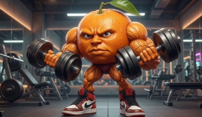 An anthropomorphic orange with muscular arms and an angry expression lifts heavy dumbbells in a gym, wearing red and white sneakers. The image's intimidating, buff fruit persona visually reinforces the "$UDIN bag workers drop your wallets" meme by projecting dominance and strength over crypto traders.