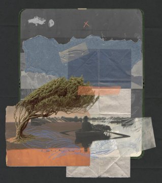 A mixed-media collage artwork featuring a wind-swept tree silhouette, a vintage sailboat, and torn paper textures in muted blues, tans, and grays, evoking a maritime journey. The piece, titled "Sailor's Diary Day 1, Day 3," is offered as a 1/1 NFT on Objkt by artist KT, with the sailboat and layered composition visually reinforcing the diary's nautical theme.