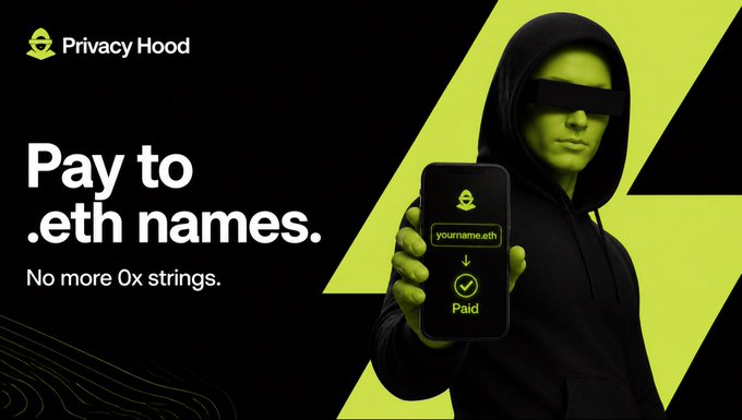 Advertisement for PrivacyHood reading 'Pay to .eth names. No more 0x strings.', showing a hooded figure holding a phone displaying a payment confirmation.