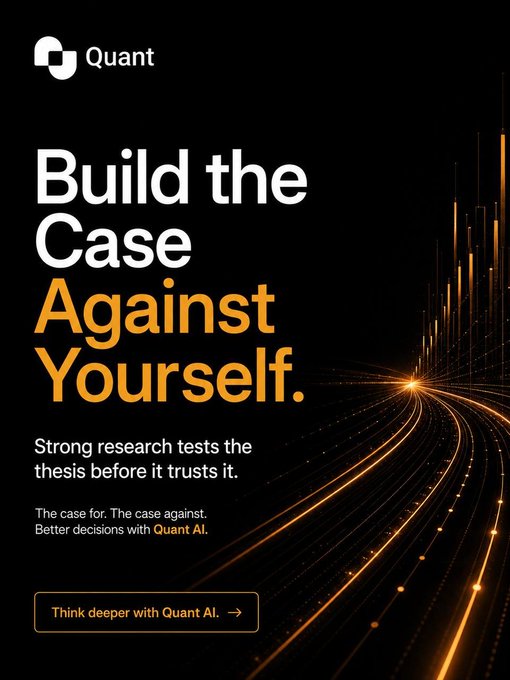 A Quant AI advertisement with the headline 'Build the Case Against Yourself,' explaining that strong research tests a thesis before trusting it, featuring a stylized orange data visualization graphic.