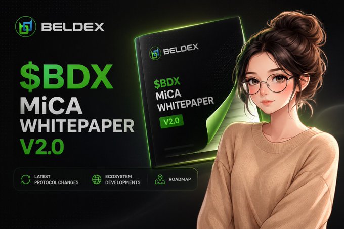 A promotional banner for BelDex features the "$BDX MiCA Whitepaper V2.0" alongside an illustrated young woman with glasses and a bun hairstyle wearing a tan sweater, highlighting the whitepaper's focus on the latest protocol changes, ecosystem developments, and roadmap.
