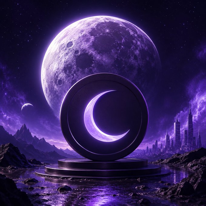 A fantasy digital artwork featuring a glowing purple crescent moon emblem on a pedestal, with a large moon and futuristic city in the background.