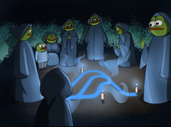 A Pepe the Frog themed illustration depicting hooded frog figures standing in a circle around a glowing blue Arch Linux logo and lit candles, resembling a ritual.