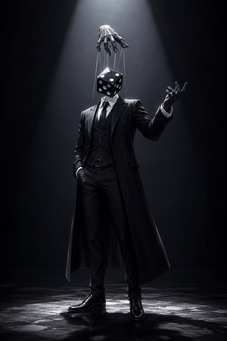 A surreal black-and-white photograph of a man in a suit and trench coat with a die for a head, controlled by strings attached to a disembodied hand above him.