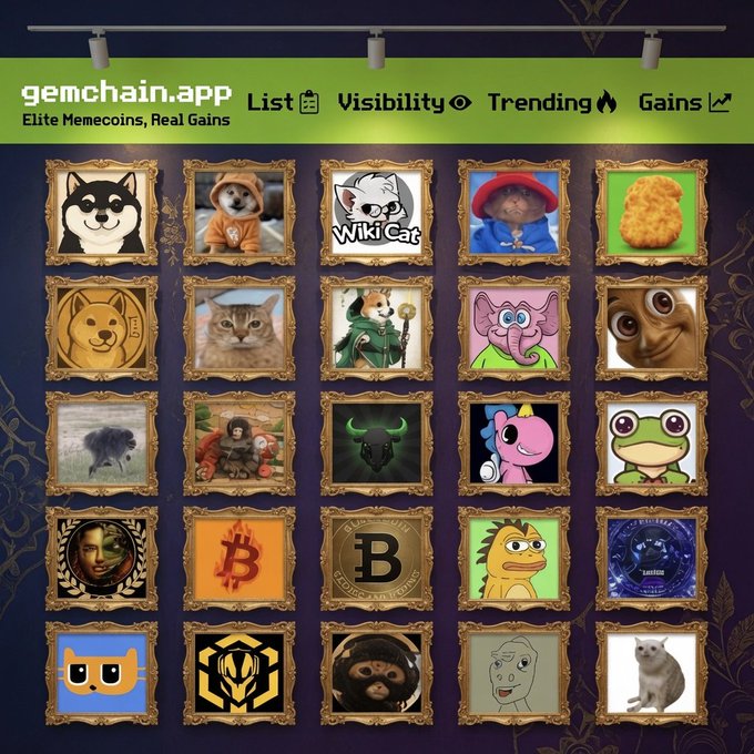 A website interface for 'gemchain.app' displaying a gallery of framed meme coin images like 'Wiki Cat', Doge, and Bitcoin.