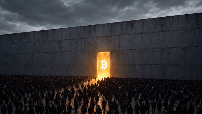 A dramatic digital artwork depicts a large crowd of silhouetted figures gathered before a massive concrete wall, with a glowing Bitcoin logo illuminating an opening in the center under a stormy sky.