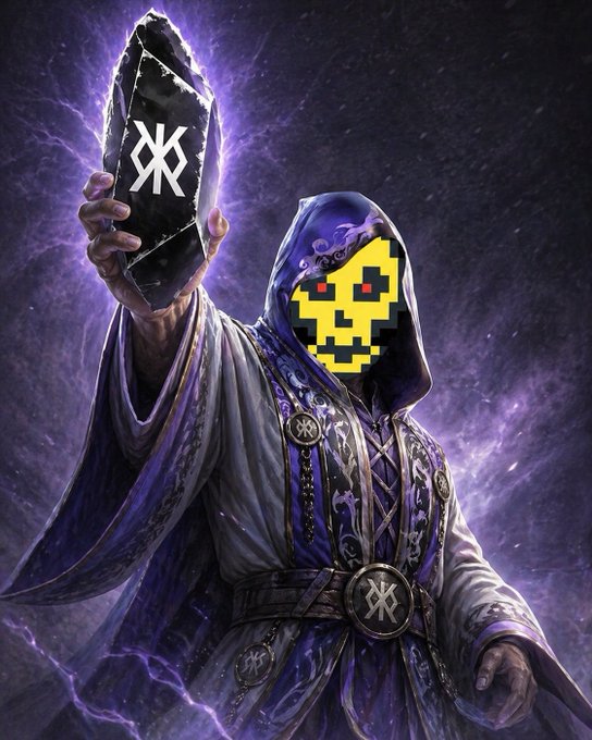 Digital artwork of a hooded wizard holding up a dark crystal displaying the XRP logo, with a pixelated Bitcoin face in the hood.