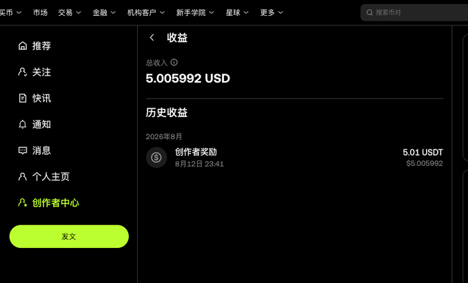 The image shows an OKX Planet earnings dashboard displaying a total income of 5.005992 USD, with a history record showing a creator reward of 5.01 USDT received on August 12 at 23:41. This visually confirms the modest earnings referenced in the post about unexpectedly earning enough for two cups of milk tea from cross-posting content to the platform.