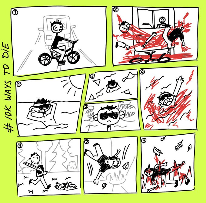 This comic strip depicts humorous, exaggerated ways to die, including a bicycle accident and a shark attack, relating to the post's hashtag "#10K Ways To Die."
