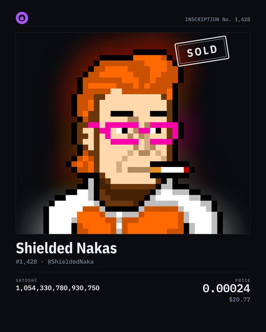 A pixel art style NFT listing titled 'Shielded Nakas' (Inscription No. 1,428), showing a character with orange hair and pink glasses marked as 'SOLD' at price 0.00024 ($20.77).