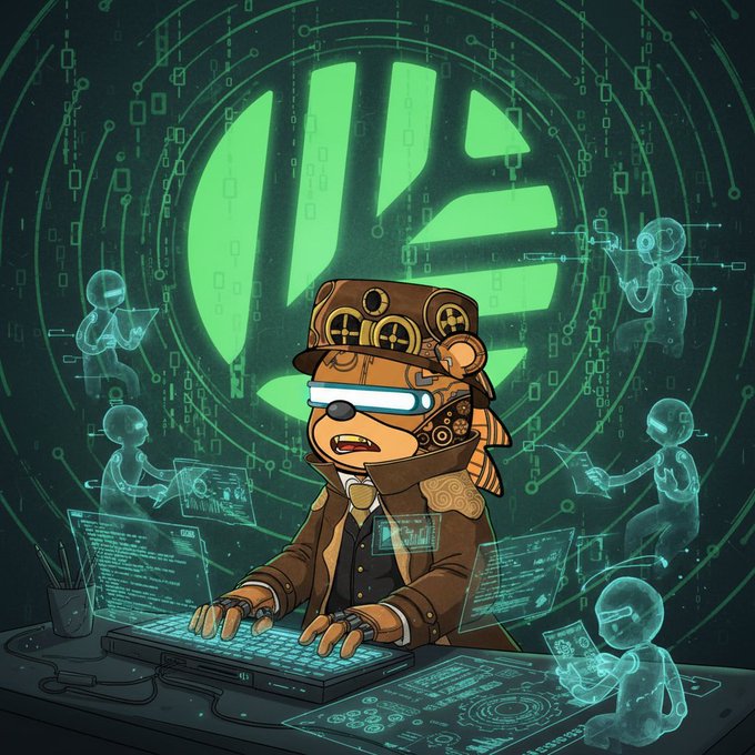 Steampunk-styled monkey character wearing a cap and VR goggles typing on a glowing keyboard, set against a green digital matrix background with a large geometric logo and floating holographic figures.