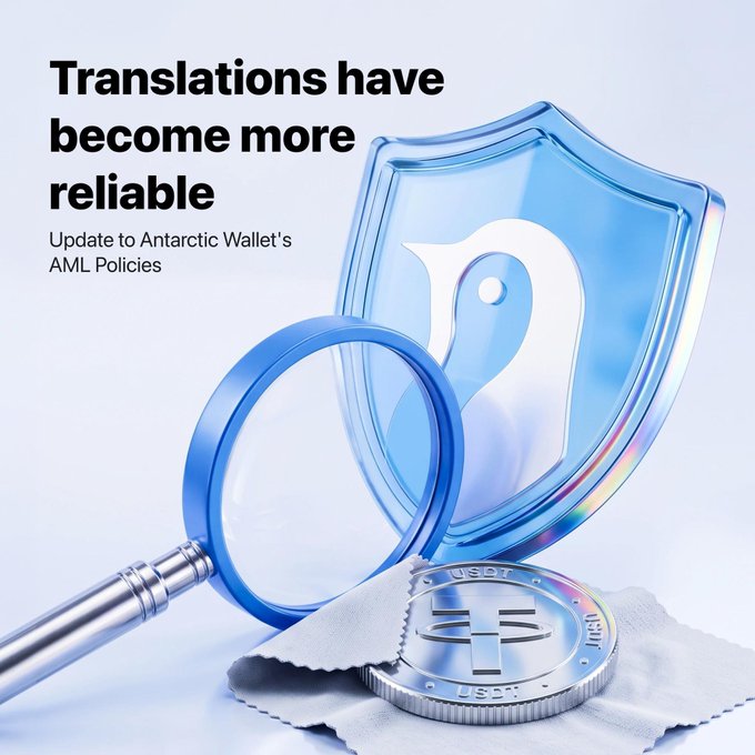 An advertisement graphic featuring a shield, magnifying glass, and a Tether coin with the text 'Translations have become reliable - Update to Antarctic Wallet's AML Policies'.
