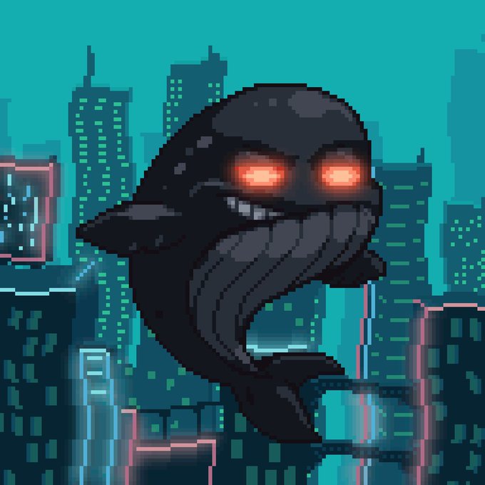 A pixel art image of a dark, menacing creature with glowing red eyes and sharp teeth lurking in front of a teal-colored cyberpunk cityscape.