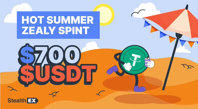 The image is a vibrant summer-themed promotional graphic for the "Hot Summer Zealy Sprint" by StealthEX, featuring a cartoon USDT coin character running along an orange beach landscape under a striped umbrella. It prominently displays a "$700 USDT" prize pool announcement, visually reinforcing the campaign's summer excitement and crypto swap rewards detailed in the accompanying post.