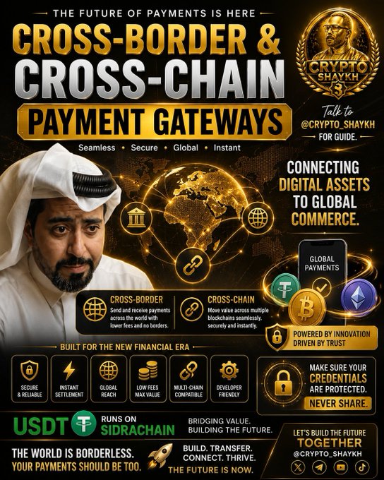 An advertisement for 'CROSS-BORDER & CROSS-CHAIN PAYMENT GATEWAYS' by Crypto Shaykh (@CRYPTO_SHAYKH), highlighting features like 'Seamless,' 'Secure,' 'Global,' and 'Instant,' with imagery of a globe, Bitcoin and Ethereum logos, and a man in traditional Arab attire.