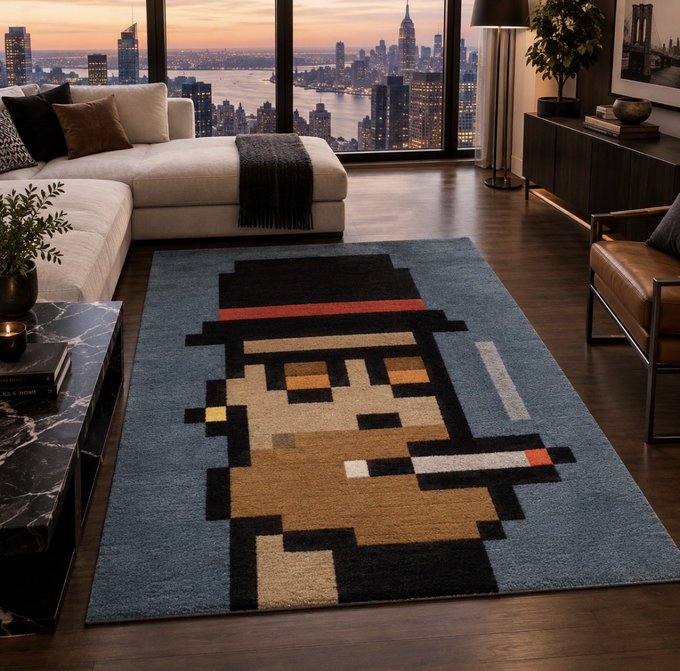 A modern living room with a city skyline view features a blue area rug with a pixel-art character wearing a hat and smoking a cigarette.